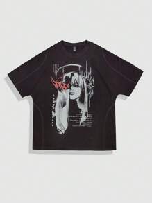 ROMWE MEN Street Life Men's Anime Graphic Slogan Print Short Sleeve T-Shirt - Black - View 1