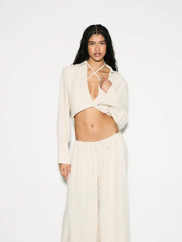 KIZN Set două piese, bluză scurtă răsucită cu mânecă lungă, crop, cu picioare largi, Palazzo, ținută casual de birou, ținută de resort