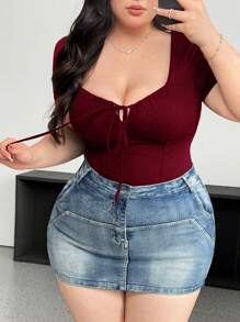 Vibekara Plus Size Women Solid Color Casual Drawstring Short Sleeve T-Shirt, Fitted - Burgundy - View 1