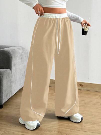 POPSWAY 大码复古色块抽绳腰部宽松休闲裤