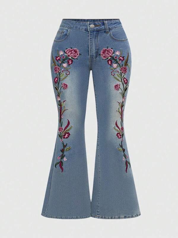 ROMWE Fairycore Plus Size Women Vintage Floral Embroidered Flare Leg Jeans