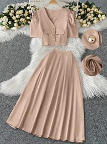 DreamSkyne 2pcs Plus Size Set: Solid Color Short Sleeve Shirt & Skirt, Fashionable For Summer - Khaki - View 1