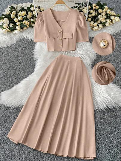 DreamSkyne 2 件加大码套装：纯色短袖衬衫和裙子，夏季时尚