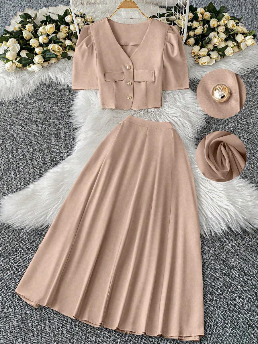 DreamSkyne 2pcs Plus Size Set: Solid Color Short Sleeve Shirt & Skirt, Fashionable For Summer - Khaki - View 1