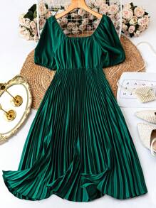 SHEIN Clasi Plus Size Women's Solid Color Sweetheart Neck Raglan Puff Sleeve Pleated Hem Elegant Dress - Dark Green - View 2