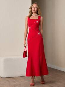 CLARA VERO Rhinestone Designed Bodycon And A-Line Elegant Strap Dress, Rhinestone Embellishment Detail Elegant Maxi Dress, Valentines Day Dress - Red - View 4