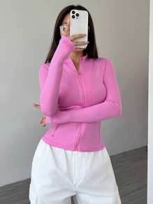 Flirla Petite 女款純色前拉鍊長袖休閒夾克，春秋秋冬女裝，適合嬌小女性 - 玫紅色 - 查看 3