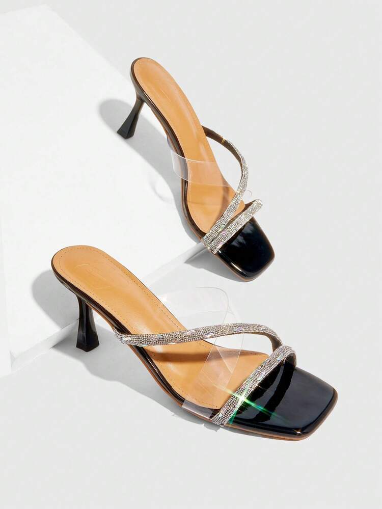 CUCCOO SZL Women's Black Rhinestone Embellished Sexy High Heel Sandals