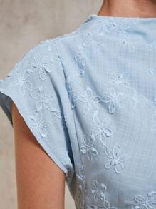 COSMINA Women's Floral Embroidery Stand Collar Batwing Sleeve Ruffle Hem Mini Dress Baby Blue Dress