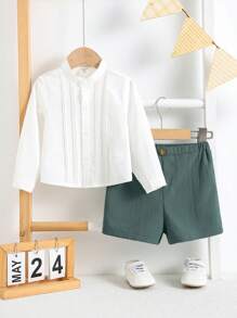 SHEIN 2 Stücke/Set Baby Jungen lässiges, vielseitiges weißes Langarm-Hemd und Shorts Set, atmungsaktiv, geeignet für drinnen, Outdoor, alltäglich, Sport, Spiel, Party, Foto, Urlaub, Frühling/Sommer