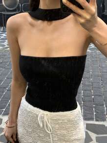 DAZY 女式纯色修身挂脖针织毛衣 - 黑色 - 查看 4