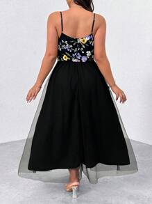 SHEIN Clasi Women's Elegant Black Summer Mesh Splicing Three-Dimensional Embroidered Flower Dress,Formal Evening Wedding Long Graduation Ball Yarn Dress - Black - View 2