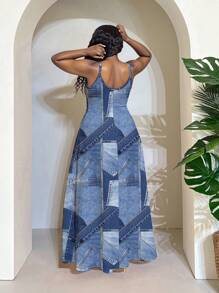Slaydiva Music Festival Casual Simple Versatile Denim Effect Patchwork Pattern Print Plus Size Dress Suitable For Summer