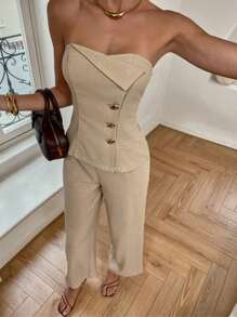 SHEIN Essnce Women Summer Casual Front Button Camisole Top And Suit Pants 2 Pieces Set - Apricot - View 2