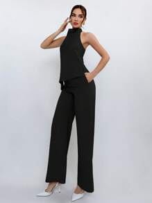 Halter Top And Light Brown Pants Set, Simple Style For Going To Work - Black - View 6