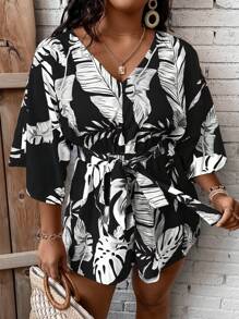 SHEIN Clasi Plus Size Plant Print Casual Romper - Black and White - View 4