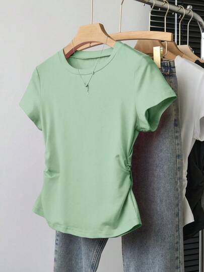 Sparklyn Girls' Casual Versatile Solid Color Waist Fitted Short Sleeve T-Shirt, Plus Size