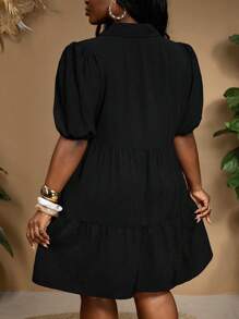 SHEIN CURVE+ Plus Size Plain Puff Sleeve Open Front Layered Cake Loose Dress, For Holiday, Curve Plus, Boho Vacation, Summer Outfits For Womenbeach Outfits For Woman/Beach Dress/Beach Vacation Outfits/Beach Essentials / Graduation/Tea Party Dress - Black - View 2