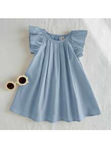 Loomiva Baby Girl Plain Round Neck Flutter Sleeves Ruffle Hem Dress - Blue - View 1