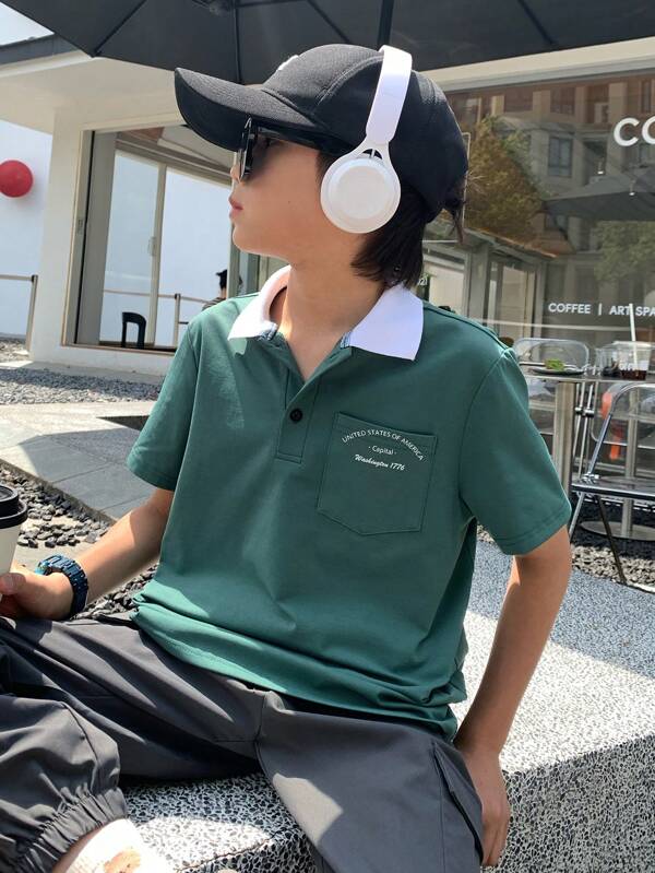 SHEIN Polo de manga corta informal para niños preadolescentes, ropa deportiva y de calle con estilo punk rock y universitario, apto para uso diario, fiestas, festivales de música, adecuado para primavera/verano, ropa de disfraz para niños preadolescentes