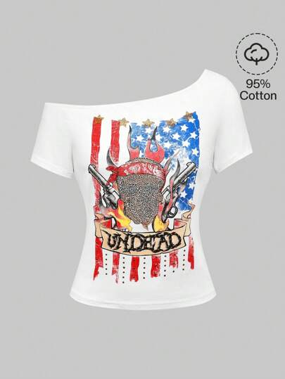 ROMWE Avant Women's Y2K Music Festival 4th Of July Asymmetric Shoulder Punk Style T-Shirt With Skull, Gun, USA Flag Rhinestone Print