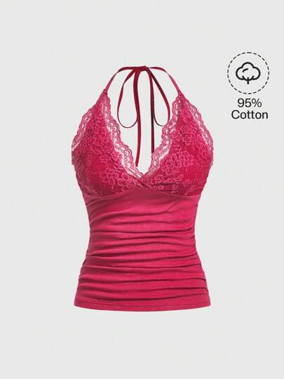 Top halter con encaje en contraste fruncido