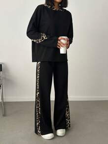 ZIRRA 女式豹纹拼布连帽衫和裤子休闲两件套 - 黑色 - 查看 5