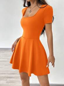 SHEIN EZwear 橘色針織女款休閒運動輕量瑜伽短洋裝，適合秋季網球運動 - 橘色 - 查看 4