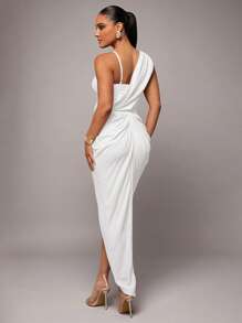 Silquee 浪漫情人节和约会之夜 杏色亚麻不对称垂坠领口紧身胸衣细节高开衩连衣裙，不对称下摆细肩带连衣裙，情人节连衣裙，派对连衣裙，浪漫约会连衣裙，伴娘迷你连衣裙，舞会礼服，休闲工作服连衣裙，性感节日连衣裙 - 白色 - 查看 2