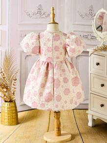 SHEIN Young Girl Elegant Floral Jacquard Stand Collar Puff Sleeve A-Line Waist Dress, Fancy Princess Retro Style Sweet Heavy Gold Thread - Pink - View 2