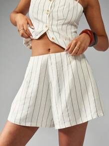 MISSGUIDED Linen Blend Pinstripe High-Waisted Wide Leg Summer Resort Shorts Beach Vacation Holiday - Apricot - View 4