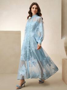 Anewsta Ladies' Mesh Fabric, Heavy Craftsmanship Embroidery, Elegant Long Sleeved Wine Red Button Decoration, Long Dresss Pring - Blue - View 4