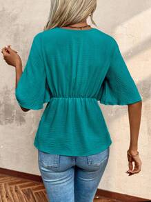 Breezaya Women's Plain Color V-Neck Short Sleeve Casual Blouse, Suitable For Summer - Dark Green - View 2