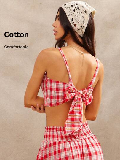 WESTFADE 夏季棉质西部花卉刺绣格子格子方领可爱蝴蝶结露背修身短款上衣乡村牛仔牛仔竞技上衣适合春季海滩度假