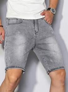Manfinity Homme Plus Size Men's Fashionable Denim Grey Shorts, Suitable For Summer Going Out Urban Hang Out Work Vacation - Light Grey - View 7