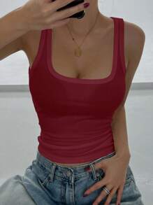 DAZY Einfarbiges, geripptes, lässiges Tanktop mit schmaler Passform für Damen - Rot - Übersicht 2