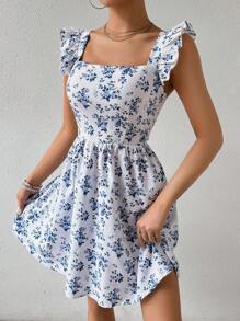 SHEIN PETITE Vestido corto elegante para mujer con escote trasero y lazo para el verano - Azul y blanco - Ver 6