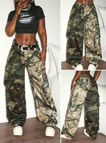 Slaydiva 女士迷彩拼布工装牛仔裤 - 軍綠色 - 查看 1