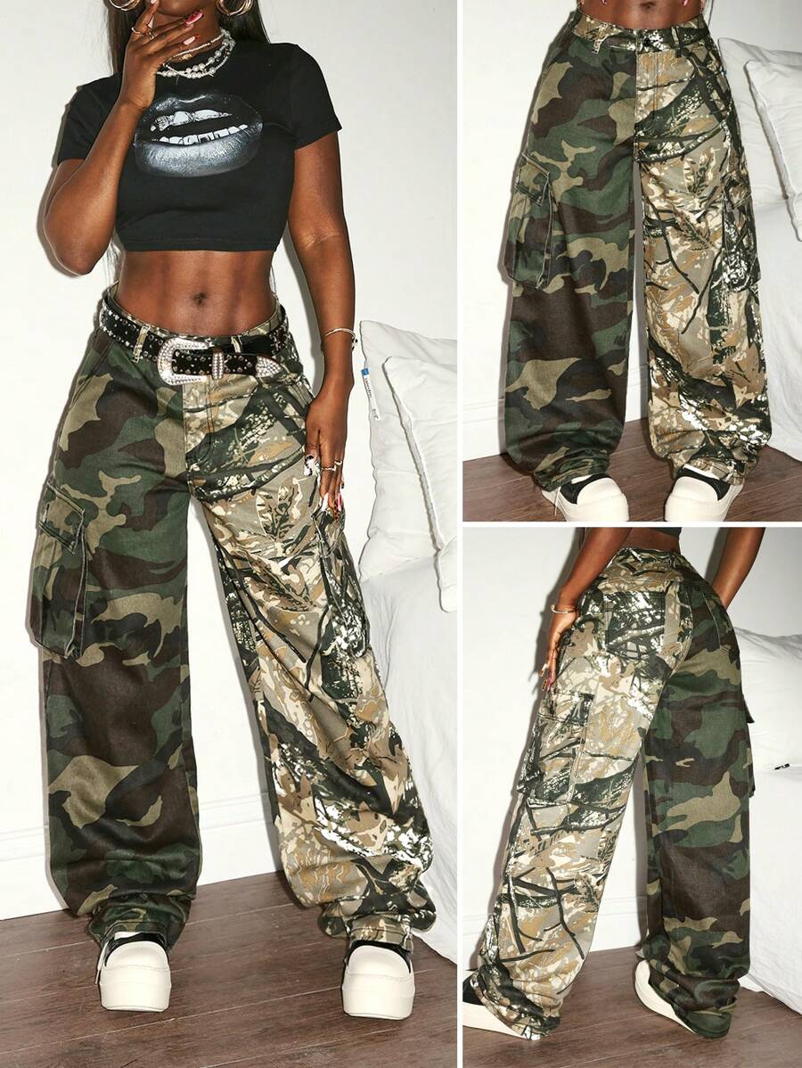 Slaydiva 女士迷彩拼布工装牛仔裤 - 軍綠色 - 查看 1