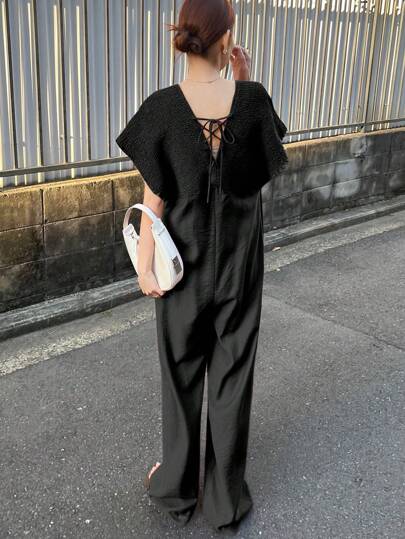 FRIFUL レディースブラックジャンプスーツパンツ、Vネック ドローストリング、夏の服装