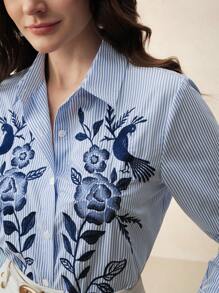 Anewsta Áo sơ mi dài tay kẻ sọc thêu hoa thanh lịch dành cho nữ, đa năng cho kỳ nghỉ, đi làm, mùa xuân & mùa hè, lễ hội, tốt nghiệp - Màu xanh lam - Xem 3