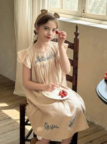 SHEIN LMoss Kids Tween Girl Woven Plain Embroidered Ruffle Trim Fitted Casual Dress - Apricot - View 5