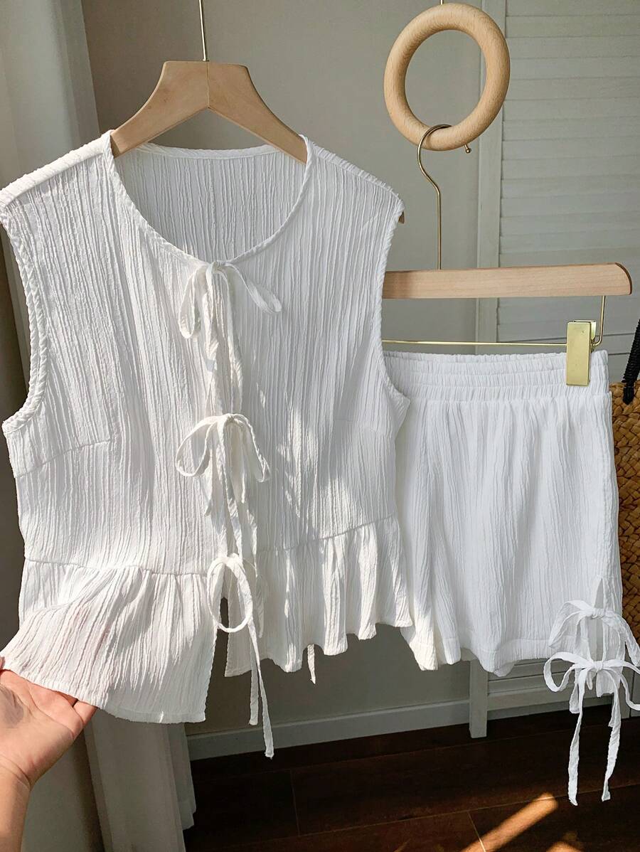 Comfortcana Ensemble 2 pièces de débardeur à nœud papillon texturé et short pour les vacances d'été