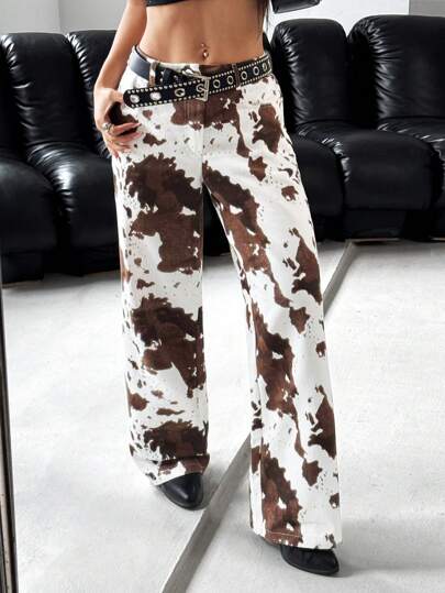 SHEIN EZwear Women's Cow Print Casual Pants: Stylish Woven Fabric Long Pants With Zipper Detail,Country