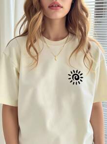 INAWLY 女士休闲太阳印花圆领短袖T恤，夏季 - 杏色 - 查看 1