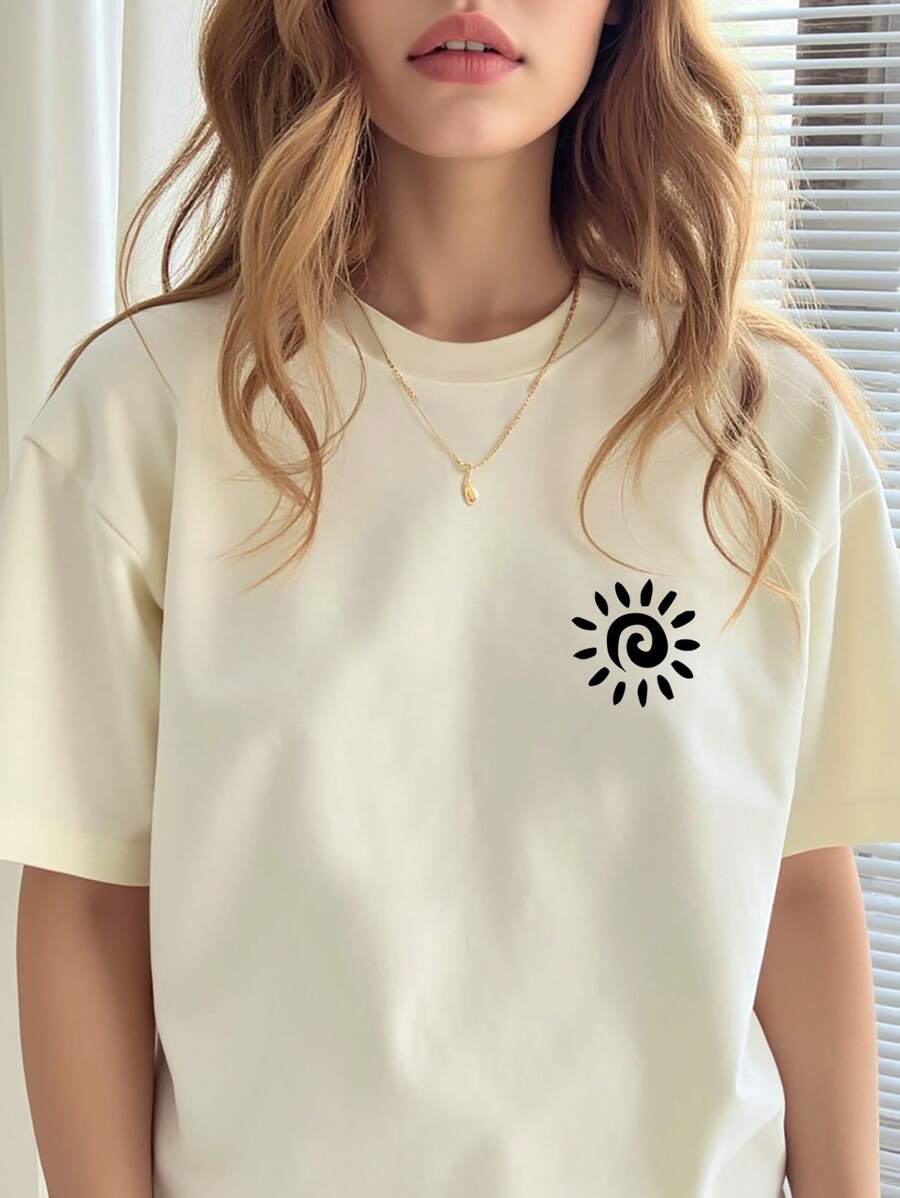 INAWLY 女士休闲太阳印花圆领短袖T恤，夏季 - 杏色 - 查看 1