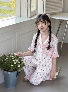 Dozemod Tween Girl 2Pcs Flower Print Contrast Ruffle Collar Button Front Blouse And Pants Woven Comfortable Pajama Set - Pink - View 4