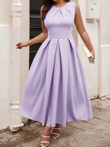 SHEIN Clasi Plus Size Solid Color Round Neck Pleated Casual Summer Dress Maxi Women Outfit - Mauve Purple - View 3