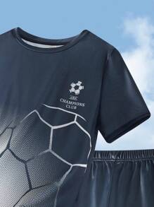 SHEIN 2pcs/Set Teen Boys Graphic Soccer Pattern Round Neck Short Sleeve T-Shirt And Shorts Sports Outfit, Spring/Summer - Navy Blue - View 7