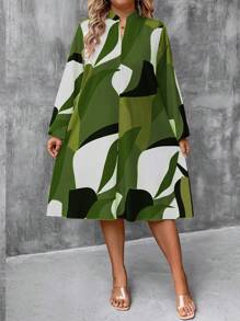 Plus Size Casual Color Block V-Neck Lantern Sleeve Loose Dress - Army Green - View 4
